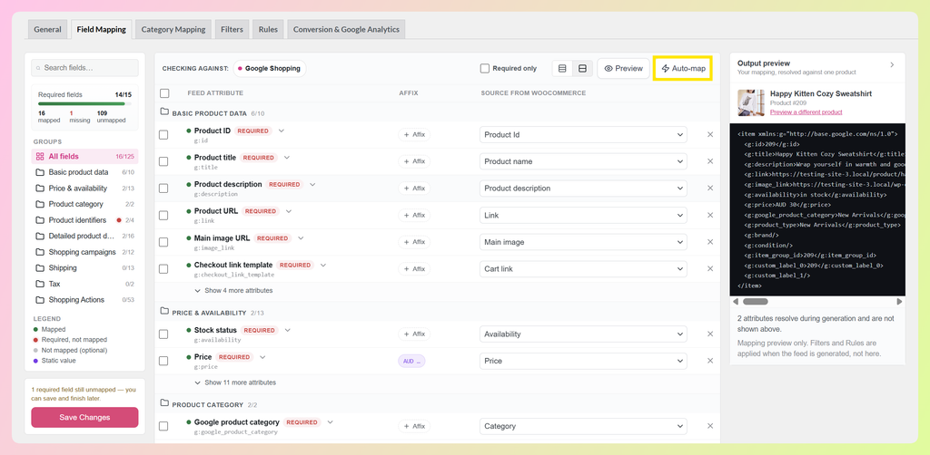 AdTribes Field Mapping tab with the Auto-map button highlighted