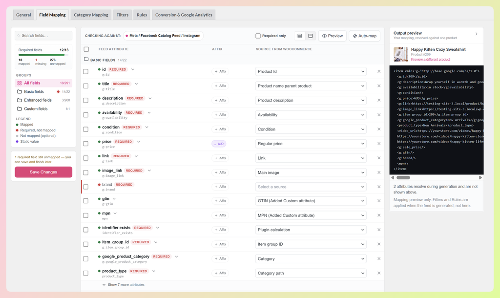 AdTribes Field Mapping tab for a Meta catalog feed with attribute groups and output preview