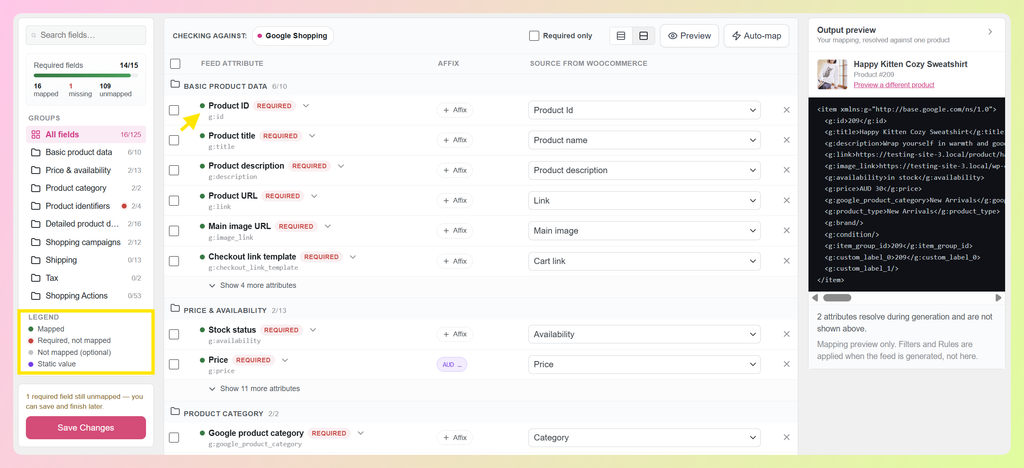 Field Mapping legend showing mapped, required, optional, and static value statuses