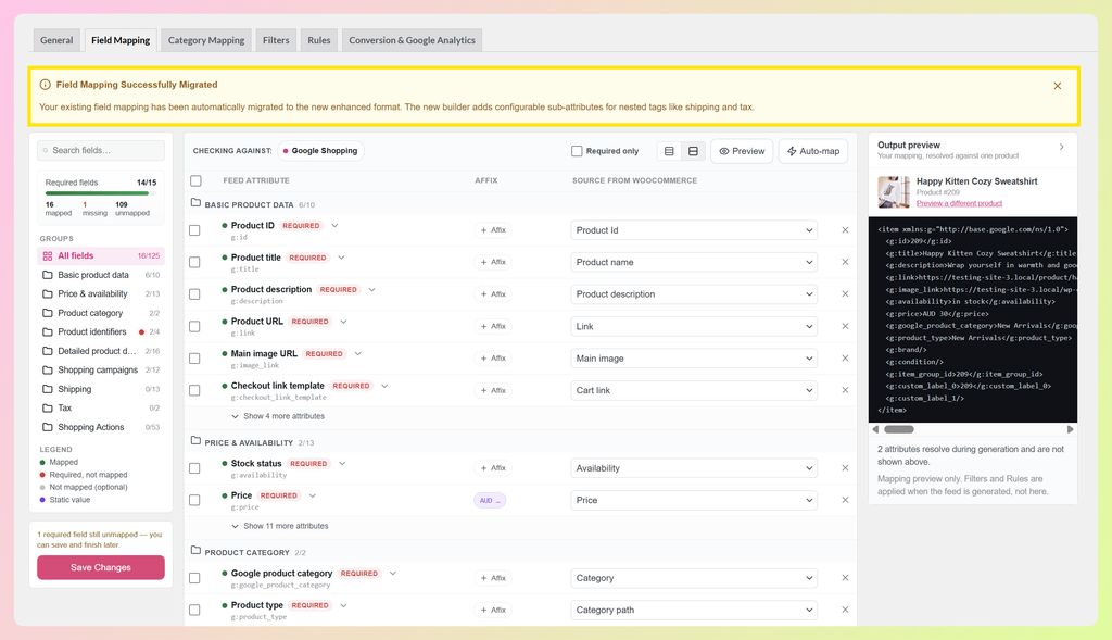 Field Mapping Successfully Migrated notice in AdTribes Product Feed Pro