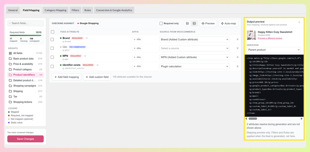 AdTribes output preview showing mapped Google Shopping data for a WooCommerce product