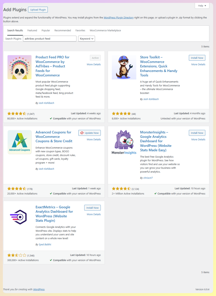 Installazione del plugin AdTribes Product Feed dai risultati di ricerca dei plugin di WordPress