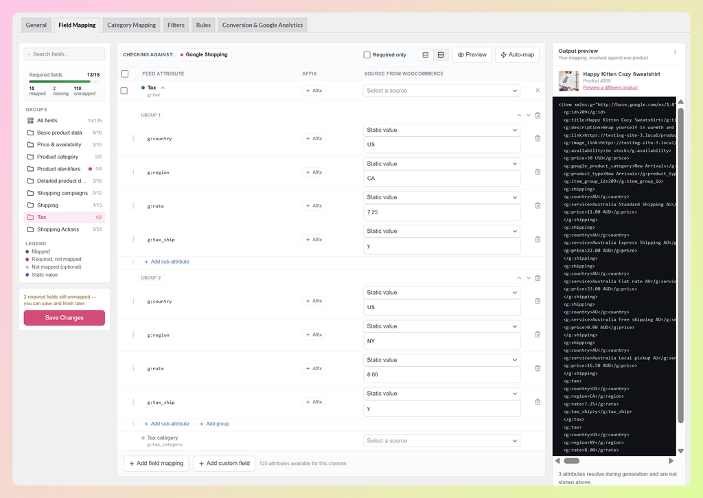 Two Tax sub-attribute groups with reorder controls in AdTribes Product Feed Pro