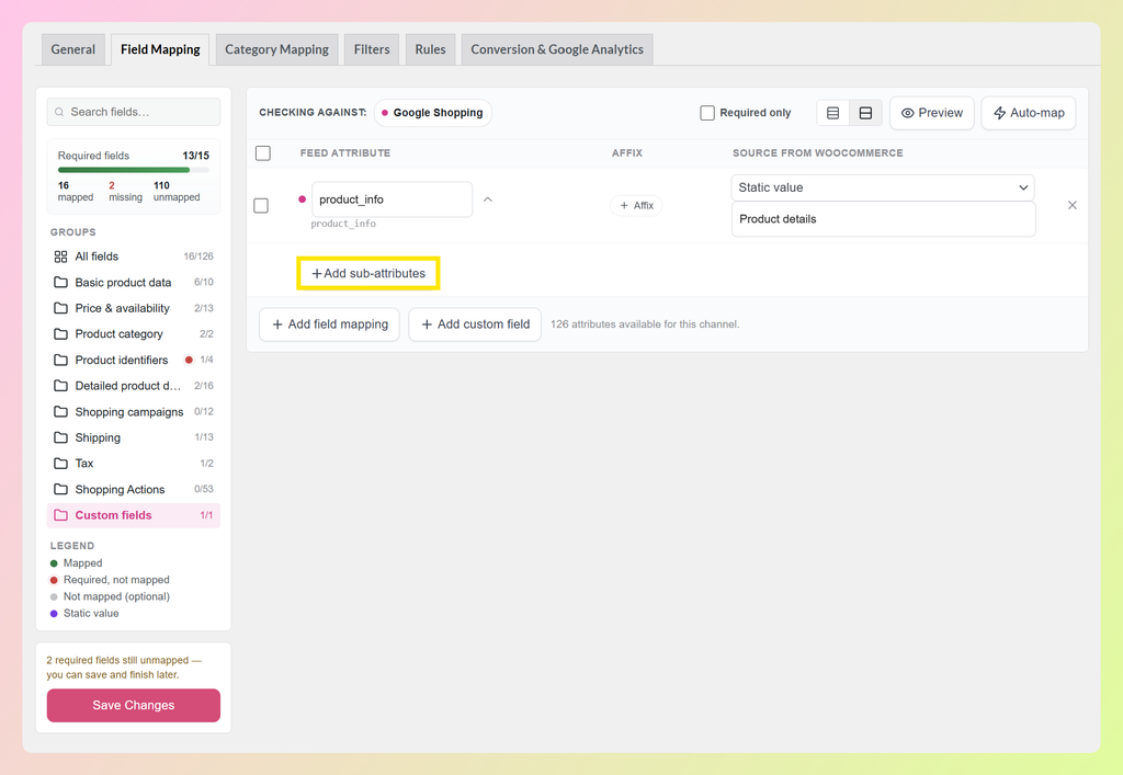 Add sub-attributes option on a custom mapped field in AdTribes Product Feed Pro