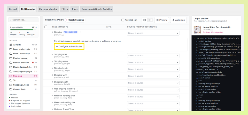 Configure sub-attributes button for the Tax attribute in AdTribes Product Feed Pro