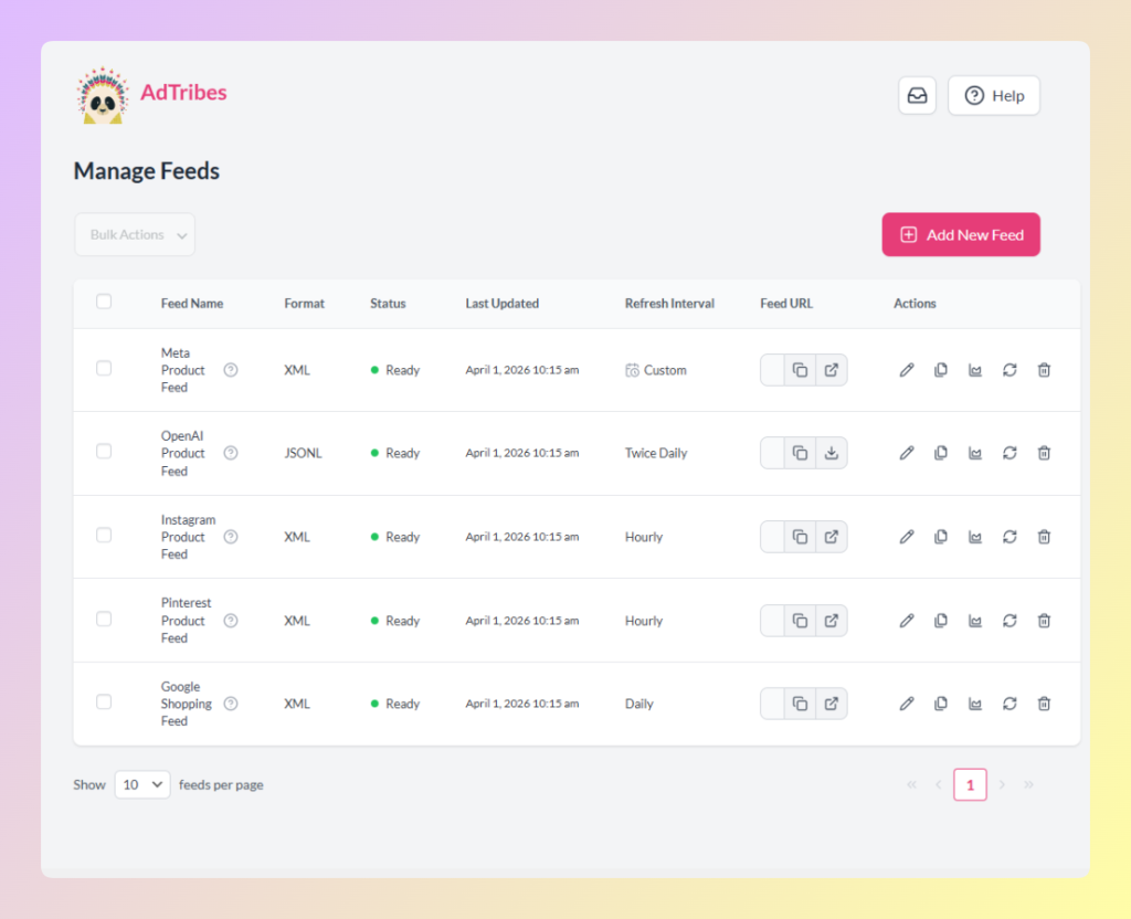 AdTribes Manage Feeds dashboard showing feed names, statuses, refresh intervals, and feed URL actions