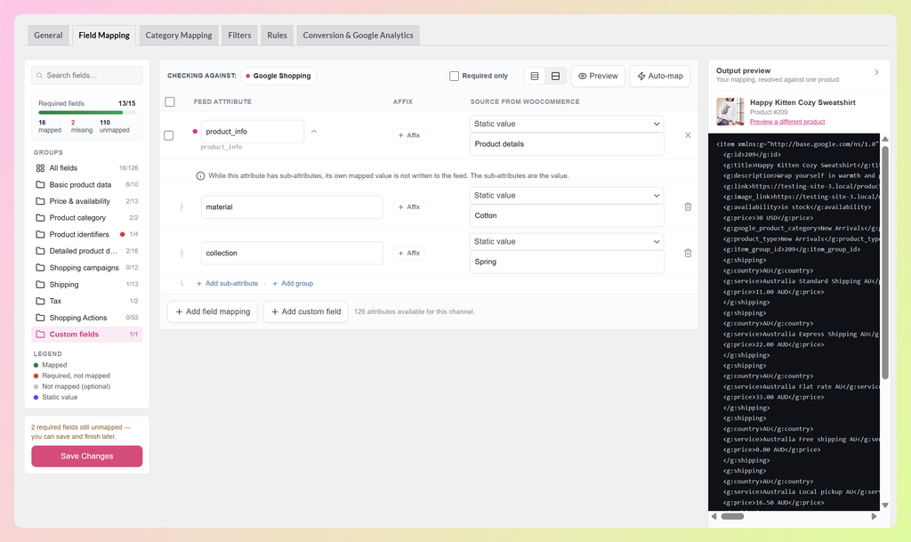Custom material and collection sub-attributes with static values in AdTribes Product Feed Pro