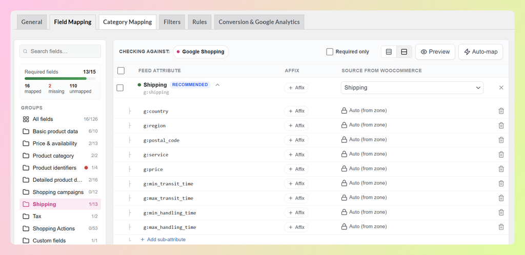 Shipping sub-attributes showing Auto from zone values in AdTribes Product Feed Pro