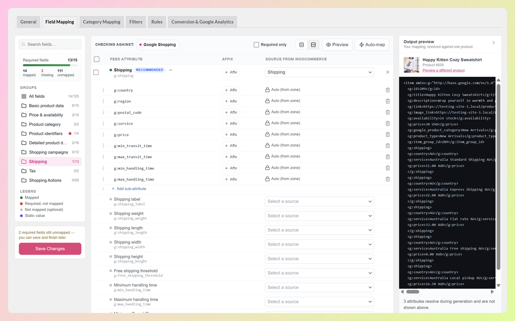 Shipping sub-attributes showing Auto from zone values in AdTribes Product Feed Pro