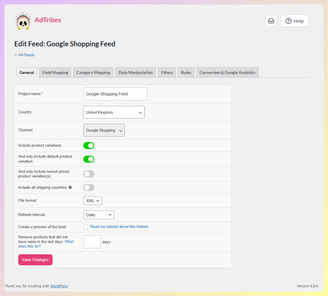03-create-feed-general 1 - AdTribes AdTribes Edit Feed General tab showing Google Shopping selected as the channel with XML format and Daily refresh interval