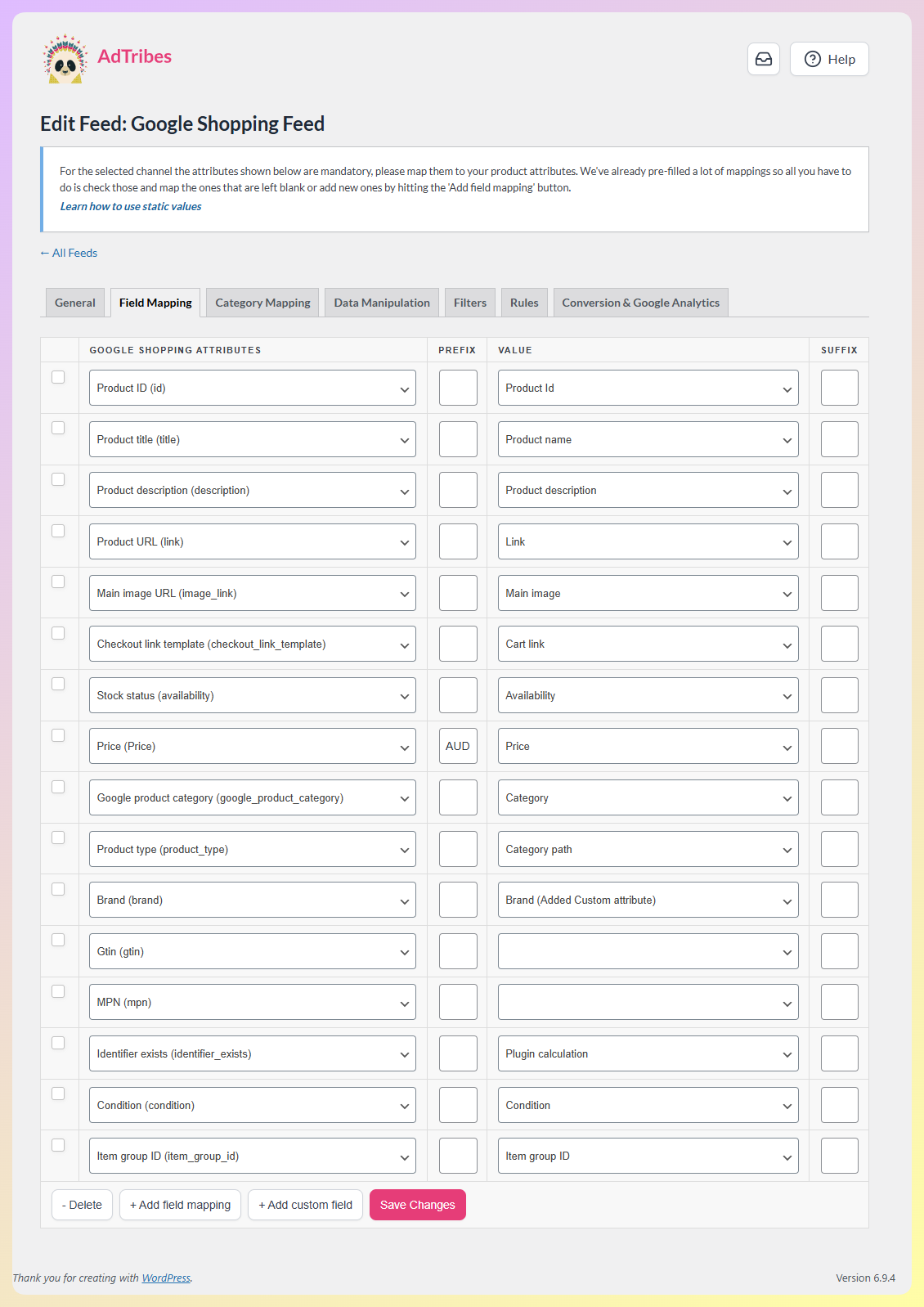 04-field-mapping - AdTribes AdTribes Field Mapping tab for Google Shopping showing mapped attributes including id, title, description, link, price, availability, and GTIN