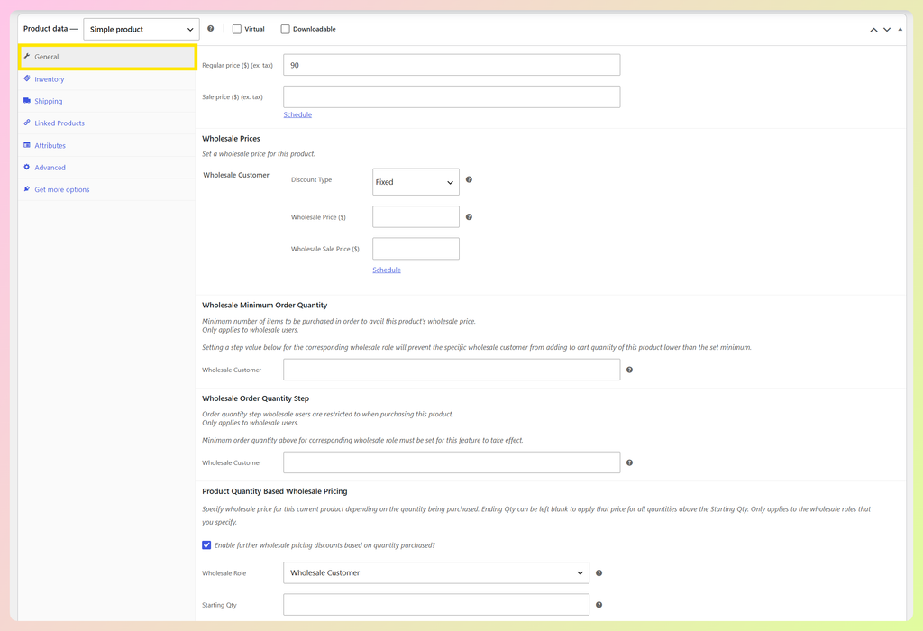 WooCommerce product General tab with the Product Quantity Based Wholesale Pricing section lower on the page