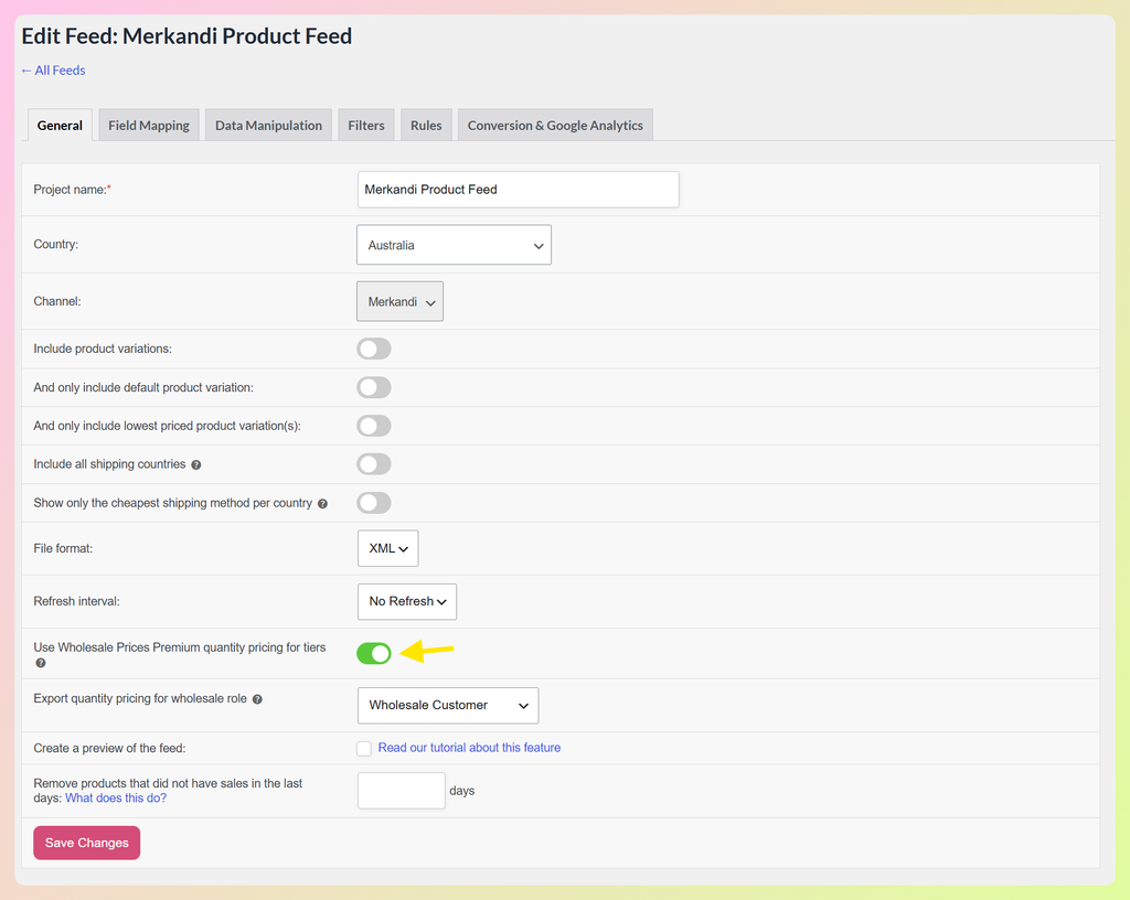 Merkandi product feed General tab with Wholesale Prices Premium quantity pricing enabled