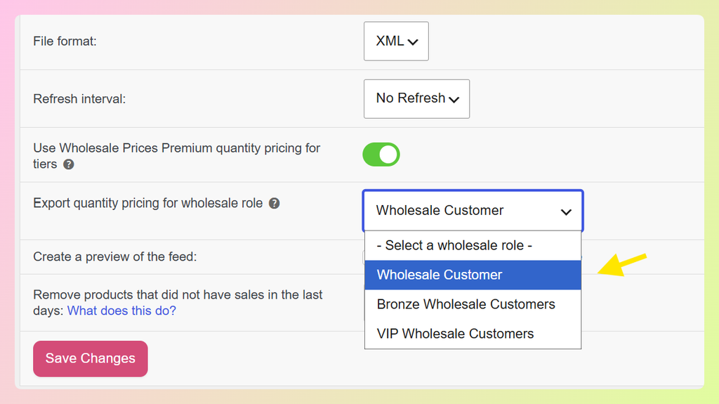 Merkandi feed wholesale role dropdown with Wholesale Customer selected