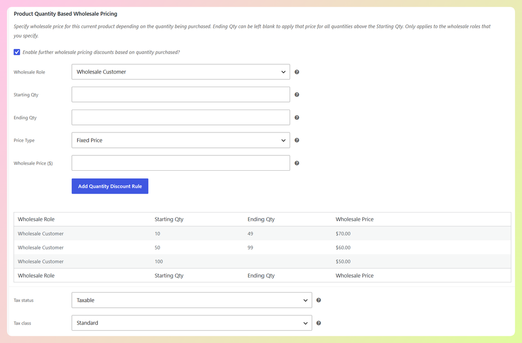 Wholesale Prices Premium quantity pricing table with 10 to 49, 50 to 99, and 100-plus tiers for Wholesale Customer