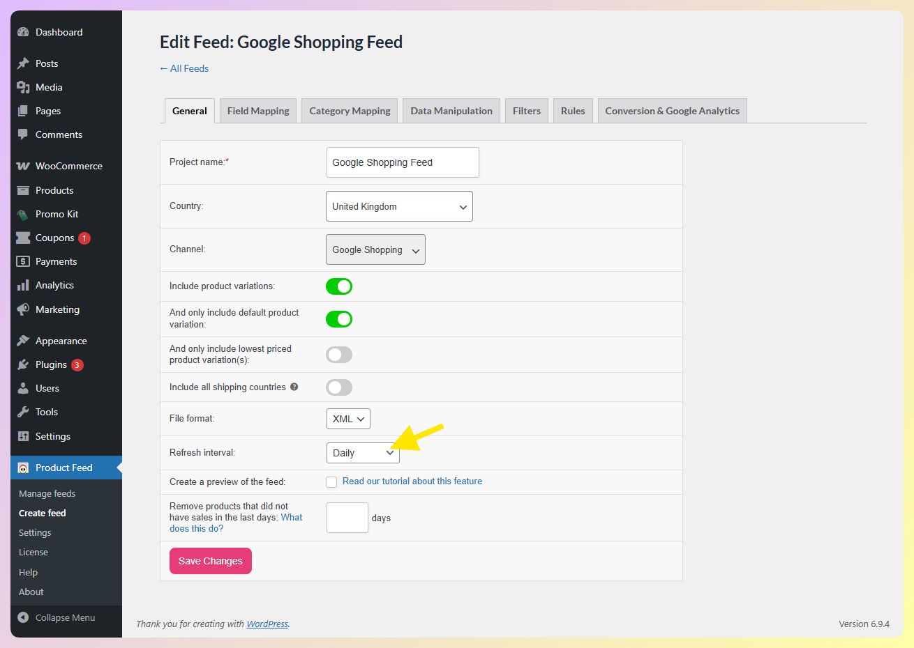 06-refresh-schedule-1 1 - AdTribes AdTribes feed settings showing Refresh interval set to Daily for the Google Shopping feed