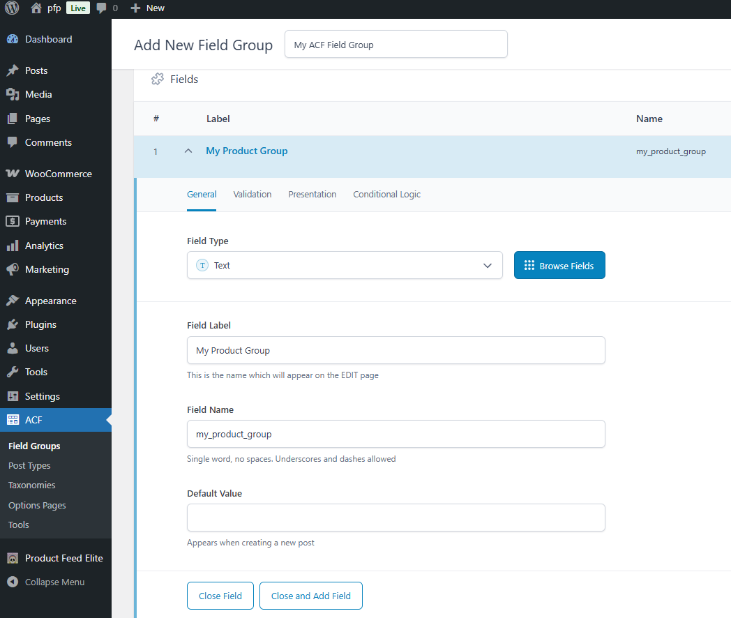 ACF field group location rule set to WooCommerce product post type