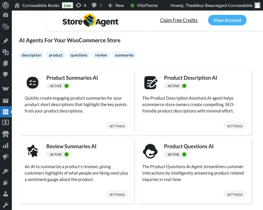 The StoreAgent interface with the Product Summaries AI, Product Description AI, Review Summaries AI, and Product Questions AI activated