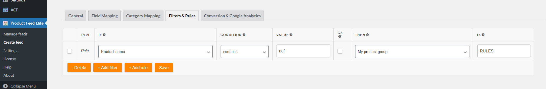 Rules section showing an ACF field available as a condition