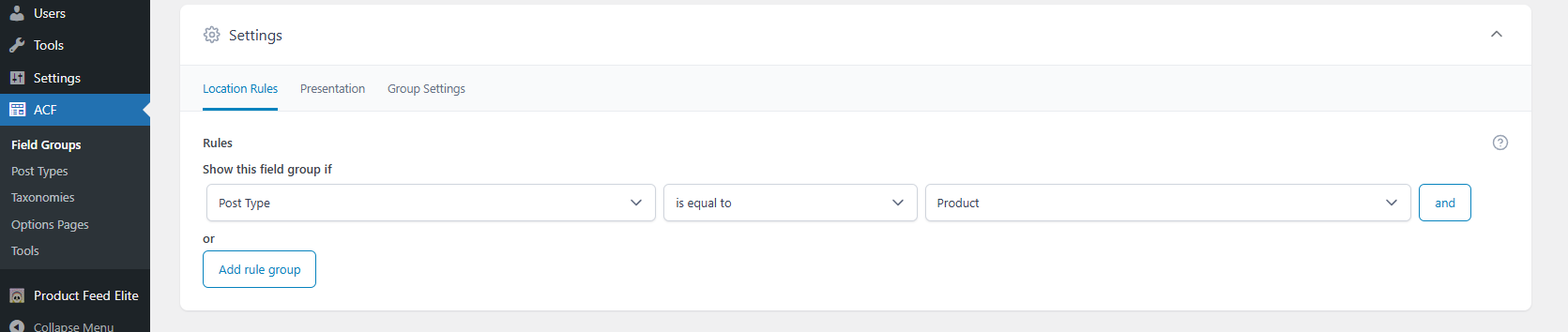 ACF field group with custom fields configured