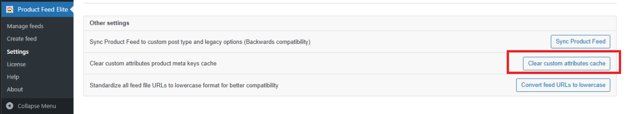 Product Feed Pro/Elite Settings page showing the Clear custom attributes cache button