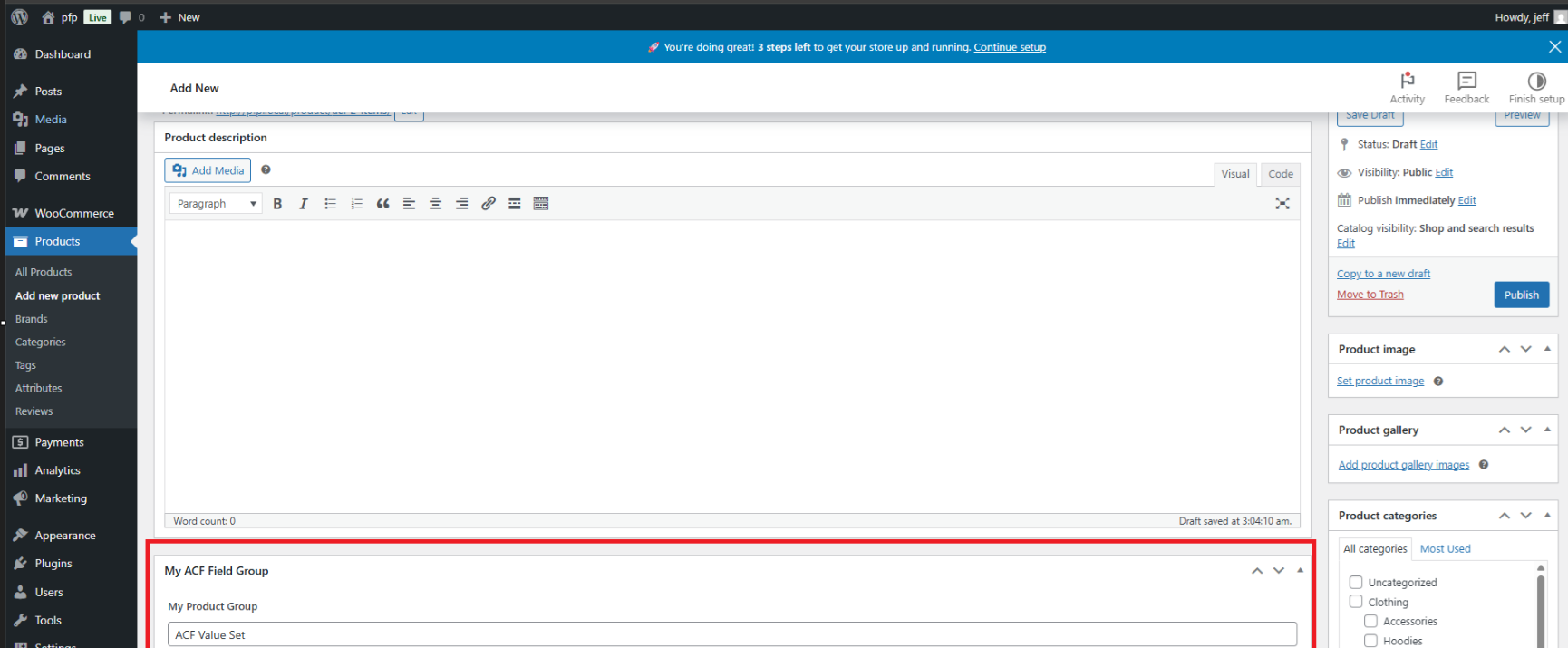 WooCommerce product editor showing ACF custom fields populated with values