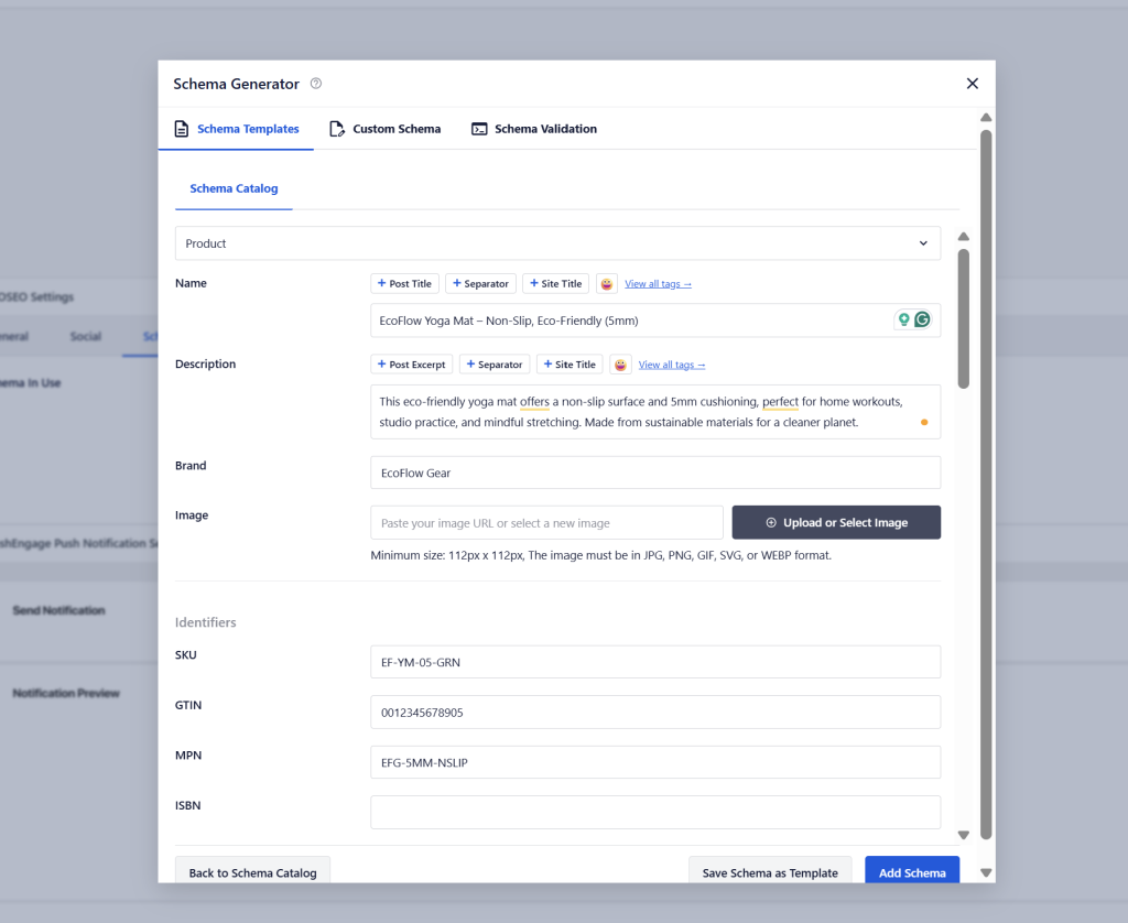 AIOSEO-sample-product-schema - AdTribes AIOSEO’s schema generator for a WooCommerce product, showing fields like product name, description, brand, and identifiers