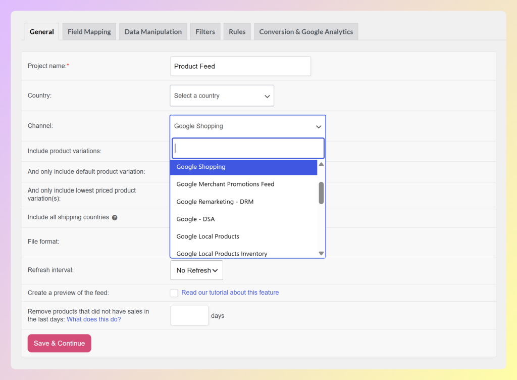 AdTribes Product Feed Pro channel dropdown showing Google Shopping feed options in the General tab