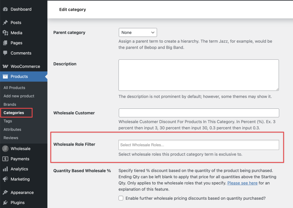 "Wholesale Role Filter" field on a product category term