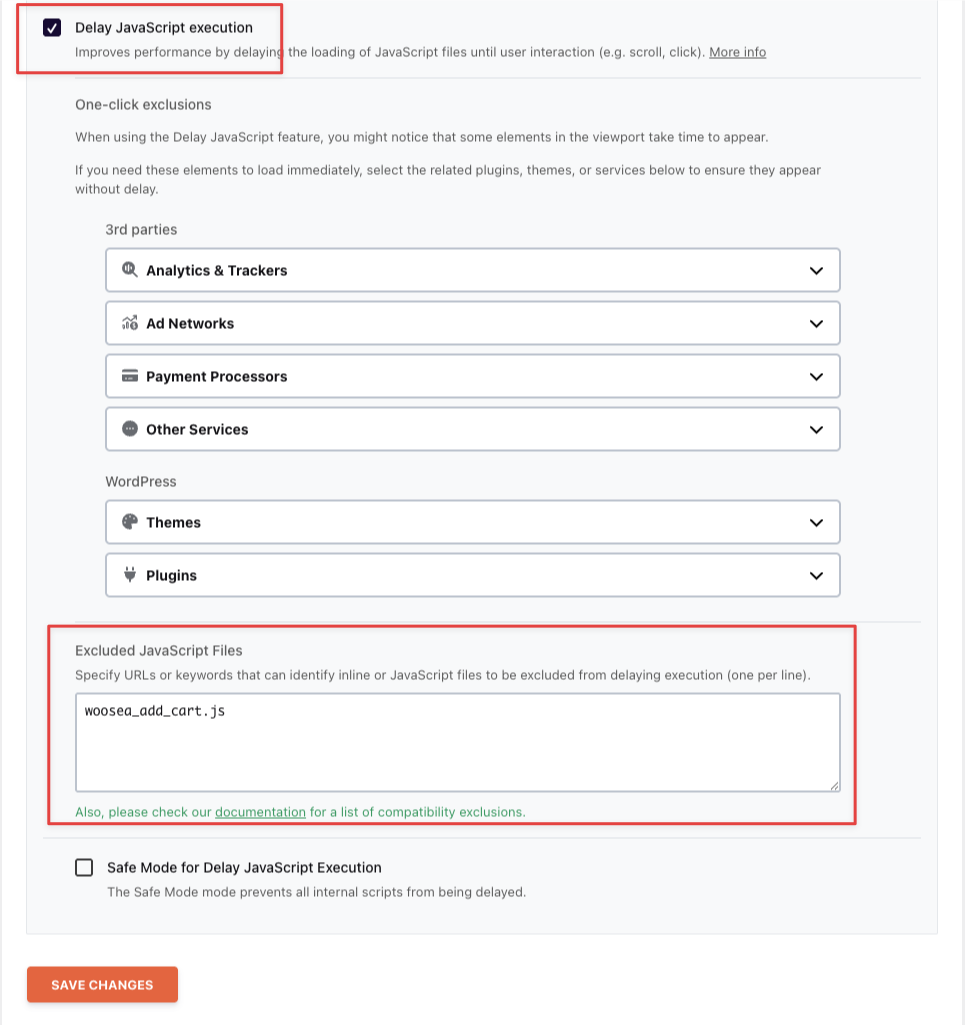 WP Rocket File Optimization tab showing the Excluded JavaScript Files field with woosea_add_cart.js added - AdTribes WP Rocket File Optimization tab showing the Excluded JavaScript Files field with woosea_add_cart.js added