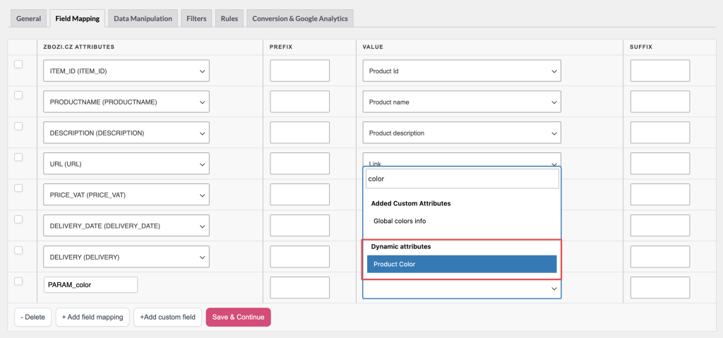 Menu déroulant Valeur ouvert montrant les attributs de produit WooCommerce à mapper à PARAM_color