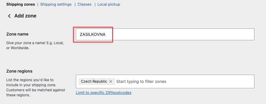 Zona di spedizione WooCommerce rinominata in ZASILKOVNA