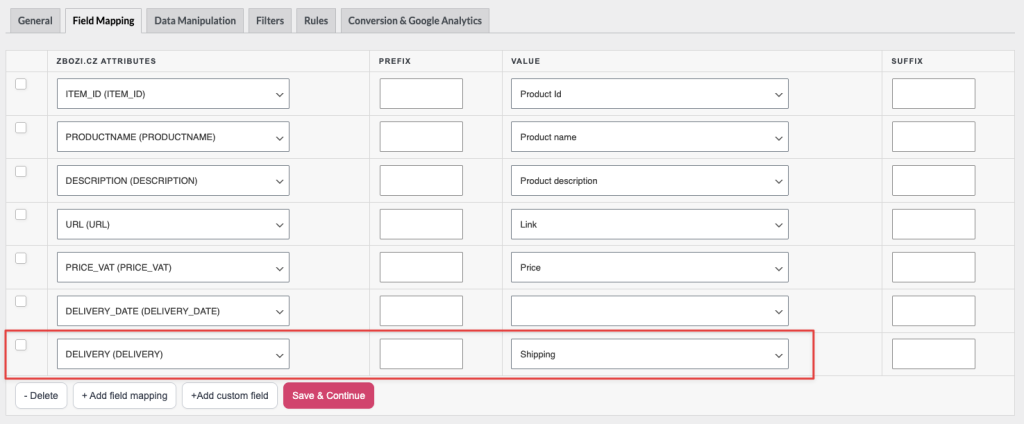 Campo DELIVERY mappato su Shipping nella scheda Field Mapping