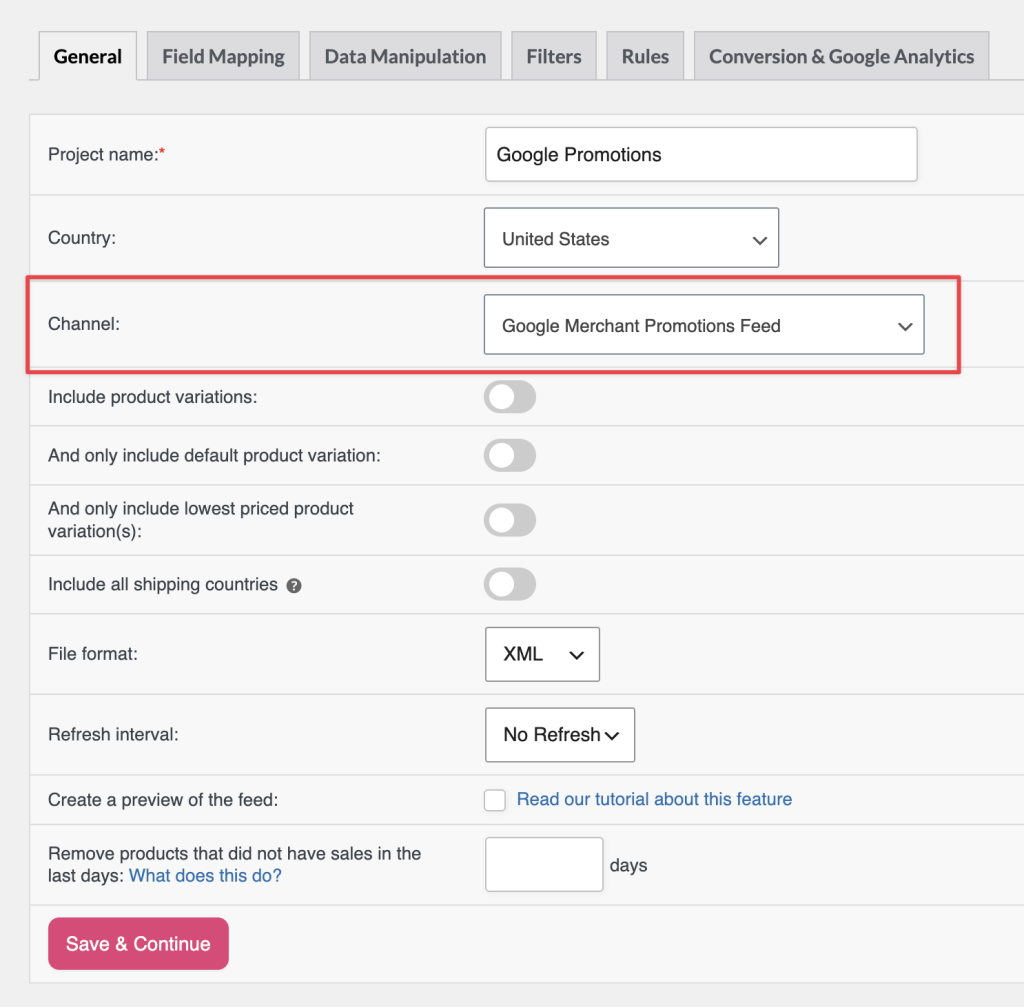 Channel selection with "Google Merchant Promotions Feed" selected
