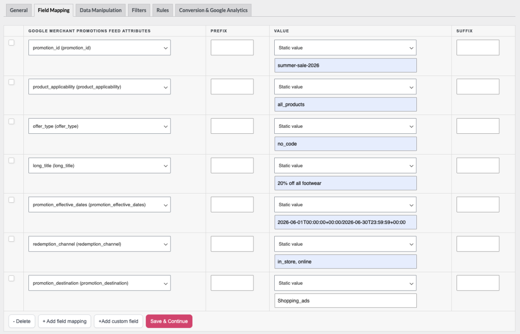 Field Mapping tab with promotion_id mapped to a static value