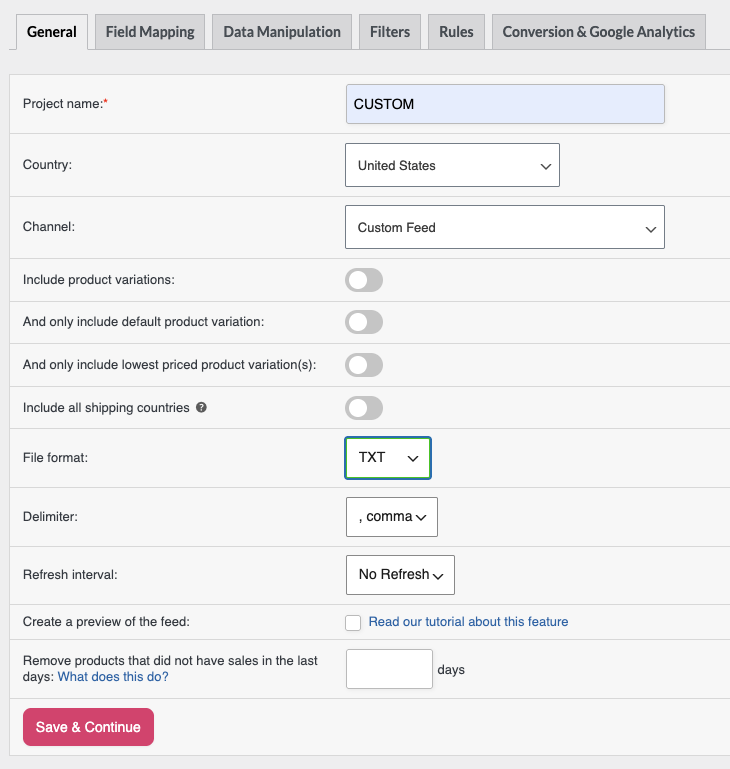 The General tab with Channel set to Custom Feed and File format set to CSV