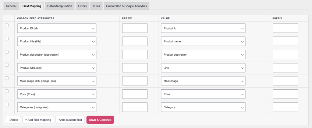 The Field Mapping tab showing several mapped rows and the Add field mapping, Add custom field, and Delete buttons