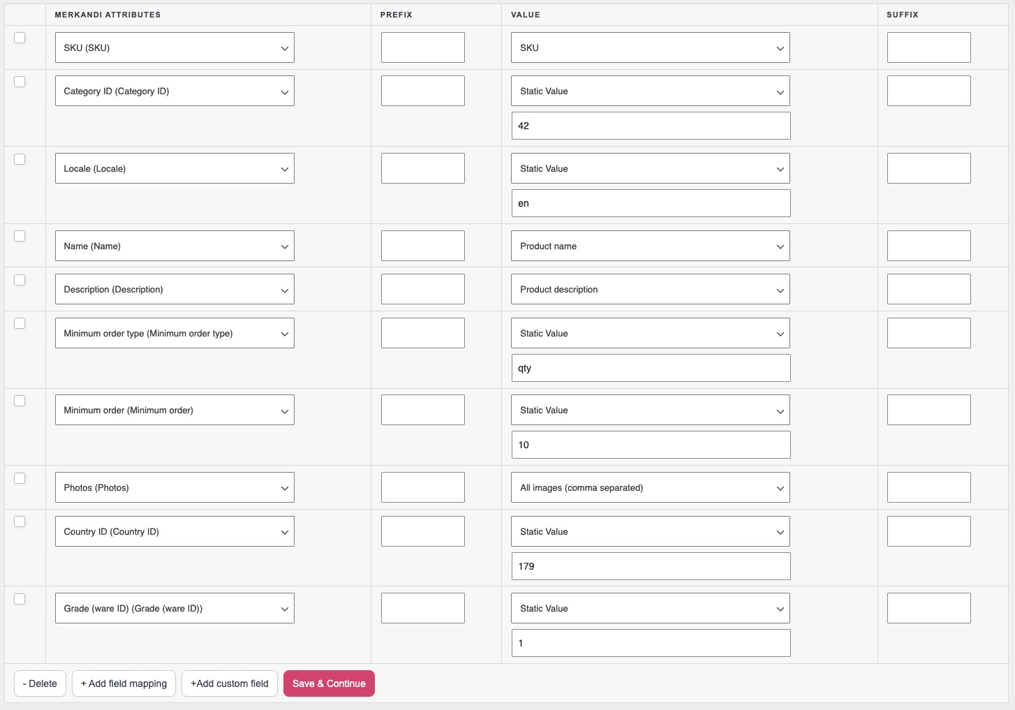 Field Mapping tab showing required Merkandi attributes mapped to WooCommerce fields