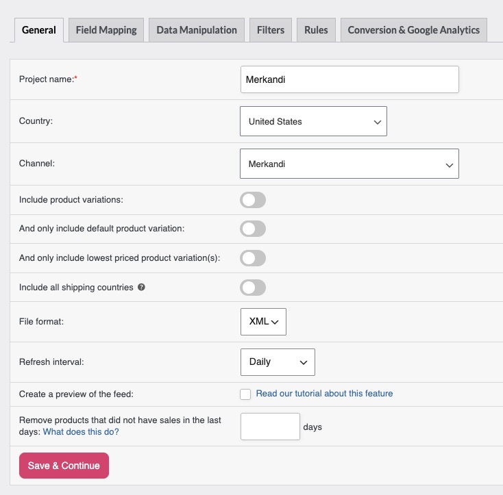 General tab with Merkandi selected in the channel dropdown and XML shown as the feed format
