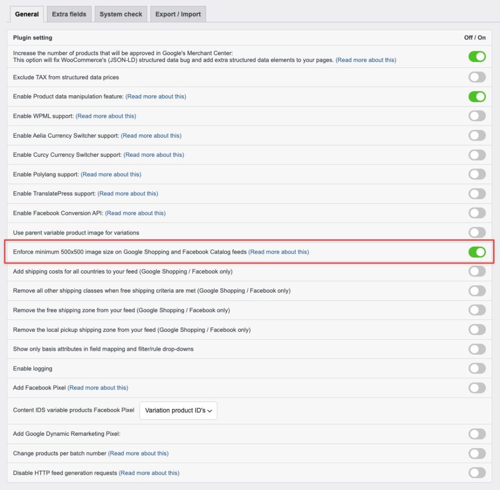The General settings tab showing the Enforce minimum 500x500 image size checkbox