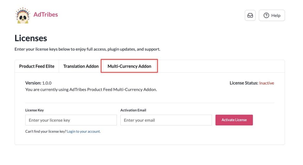 Lizenzaktivierungsfelder für das Multi-Currency Addon