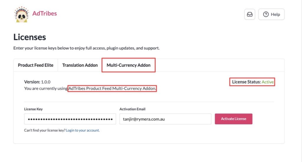 Lizenzaktivierungsfelder für das Multi-Currency Addon mit aktivem Status