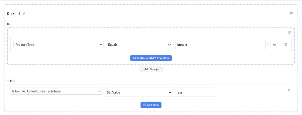 A rule in the Rules tab setting the Is bundle attribute to yes for a bundle product