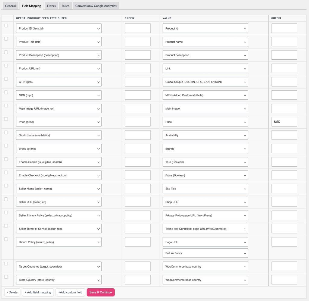 Product Feed Feed-Einstellungen, die die Option Ziel-Länder für Geo-Tagging auf der Registerkarte Allgemein anzeigen