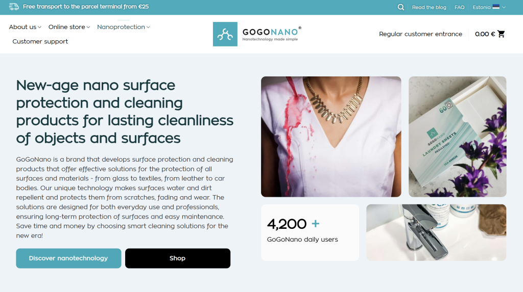 GoGoNano website homepage promoting nano protection and cleaning products for long-term care