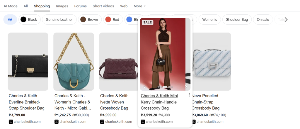 Google Shopping product listings from Charles & Keith showing clearly written product titles with brand, product type, and key features like strap and color