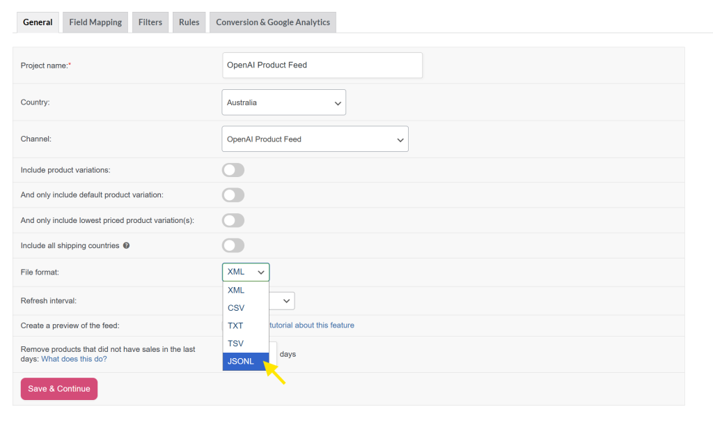 Dropdown showing file format options with JSONL selected for OpenAI product feed in Product Feed Pro