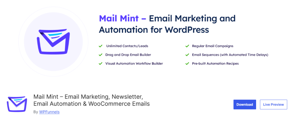 Mail Mint email marketing and automation plugin for WordPress highlighting key features like a visual workflow builder and WooCommerce integration.