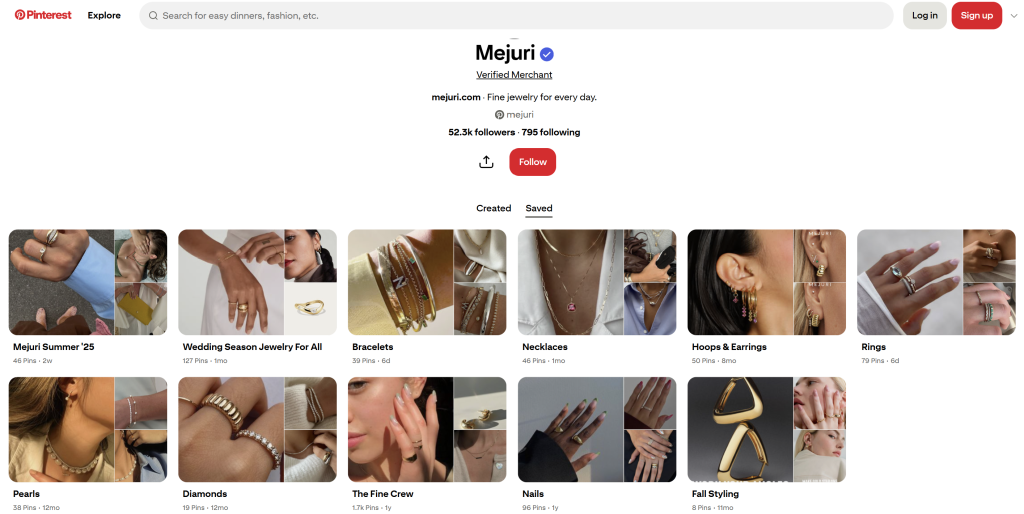 Mejuri-official-pinterest - AdTribes Mejuri’s Pinterest profile featuring curated boards like “Wedding Season Jewelry,” “Pearls,” “Fall Styling,” and more