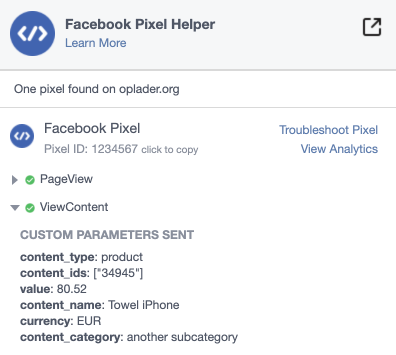 Facebook pixel ID simple product